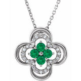 14K White Lab-Grown Emerald & .08 CTW Natural Diamond Clover 18" Necklace
