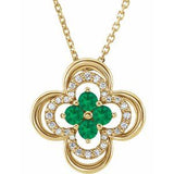 14K Yellow Natural Emerald & .08 CTW Natural Diamond Clover 18" Necklace