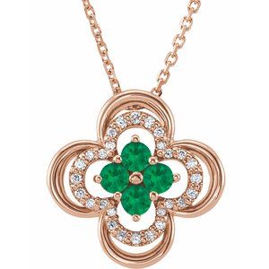 14K Rose Lab-Grown Emerald & .08 CTW Natural Diamond Clover 18" Necklace