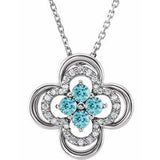 14K White Natural Blue Zircon & .08 CTW Natural Diamond Clover 18" Necklace