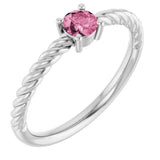 14K White 4 mm Natural Pink Tourmaline Solitaire Rope Ring