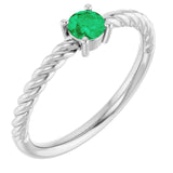 14K White 4 mm Natural Emerald Solitaire Rope Ring