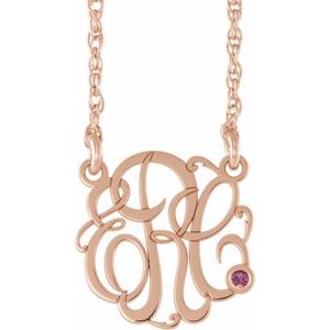 14K Rose 30 mm 3-Initials Imitation Pink Tourmaline Script Monogram 18" Necklace