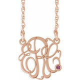 14K Rose Gold-Plated Sterling Silver 25 mm 3-Initials Imitation Pink Tourmaline Script Monogram 18" Necklace