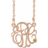 14K Rose 25 mm 3-Initials Imitation Peridot Script Monogram 18" Necklace