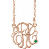 14K Rose Gold-Plated Sterling Silver 20 mm 3-Initials Imitation Emerald Script Monogram 18" Necklace