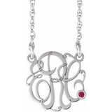 14K White 20 mm 3-Initials Imitation Ruby Script Monogram 18" Necklace