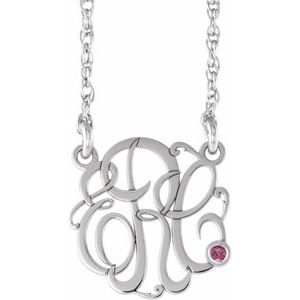 10K White 20 mm 3-Initials Imitation Pink Tourmaline Script Monogram 18" Necklace