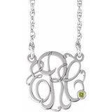14K White 25 mm 3-Initials Imitation Peridot Script Monogram 18" Necklace