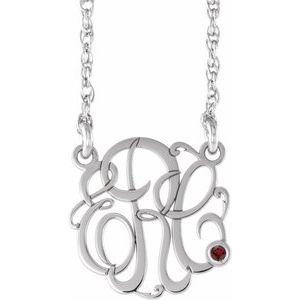 10K White 20 mm 3-Initials Imitation Mozambique Garnet Script Monogram 18" Necklace