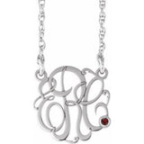 14K White 25 mm 3-Initials Imitation Mozambique Garnet Script Monogram 18" Necklace