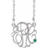 14K White 20 mm 3-Initials Imitation Emerald Script Monogram 18" Necklace