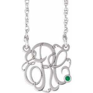 14K White 20 mm 3-Initials Imitation Emerald Script Monogram 18" Necklace