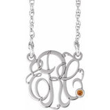 14K White 20 mm 3-Initials Imitation Citrine Script Monogram 18" Necklace