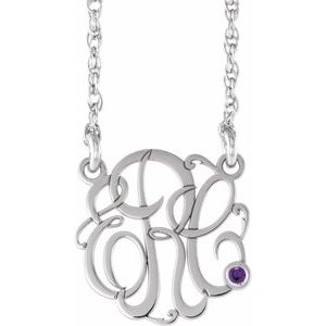 10K White 30 mm 3-Initials Imitation Amethyst Script Monogram 18" Necklace
