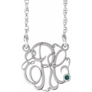 10K White 25 mm 3-Initials Imitation Alexandrite Script Monogram 18" Necklace
