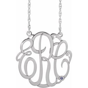 14K White 20 mm 3-Initials Imitation Blue Zircon Script Monogram 18" Necklace
